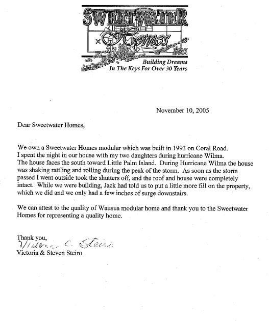 Testimonial letter from Victoria and Steven Steiro